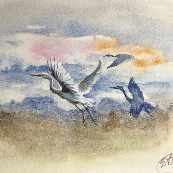 Original Egrets Watercolor Painting Birds Flight Art Landscape Decor Artettina - Picture 3 of 9
